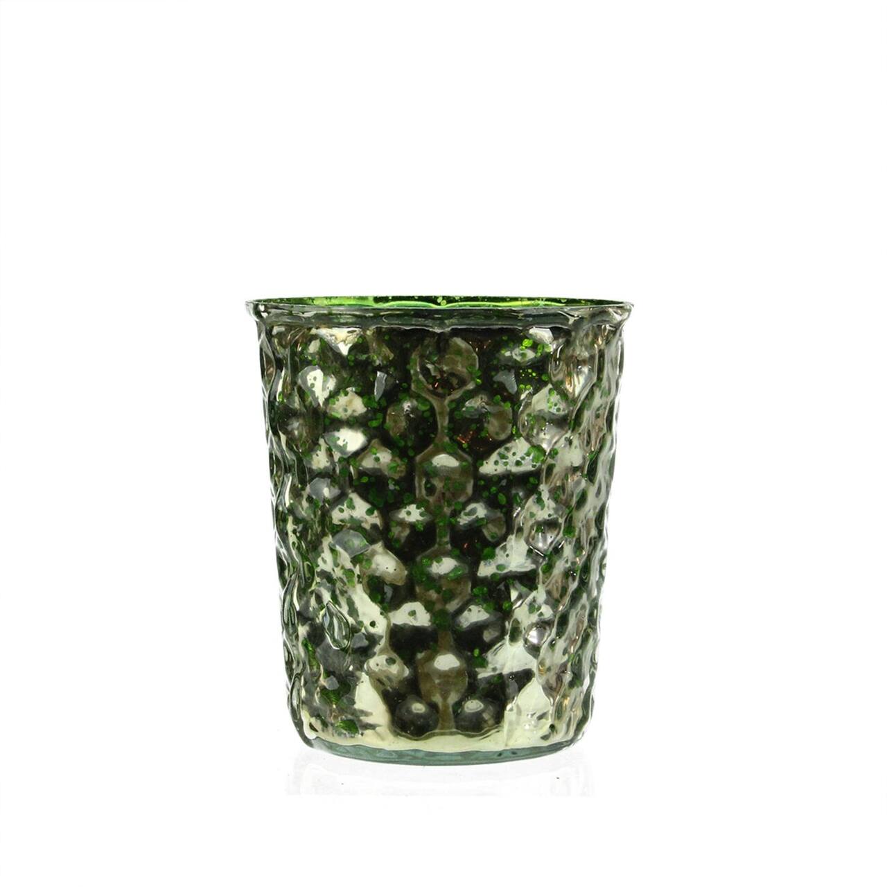 4" Green & Silver Hammered Mercury Glass Votive Candle Holders, Set Of 4